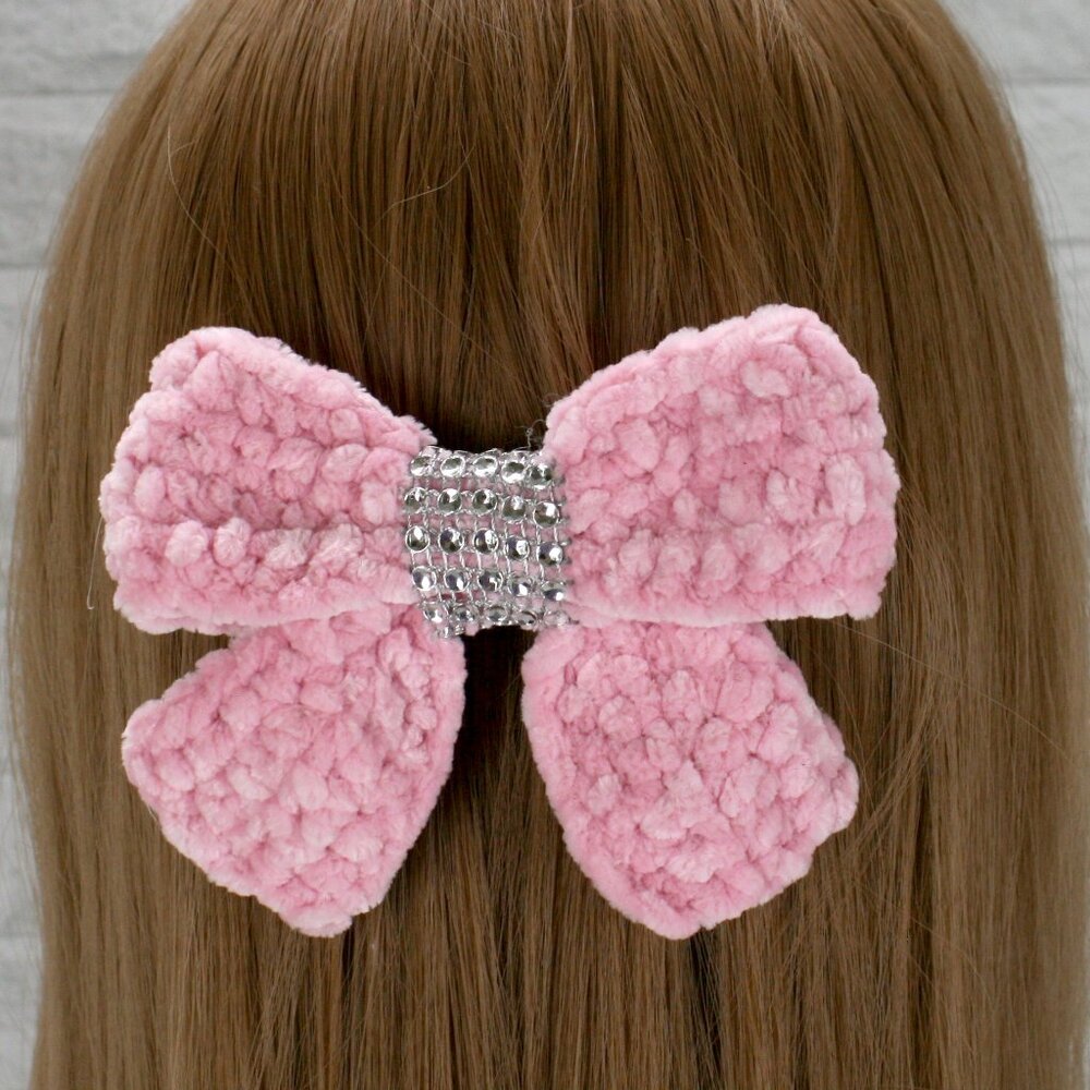 HAND CRAFTED Crochet Bow Chenille Velvet Hair Barrette Oversized Bling Baby Pink